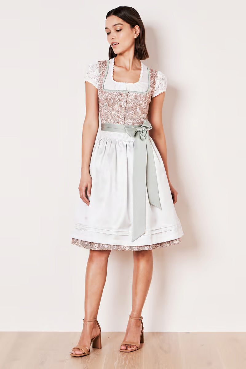 Kruger Midi Dirndl 2pcs. 60cm "Nami" brown with floral pattern and apron ribbon.