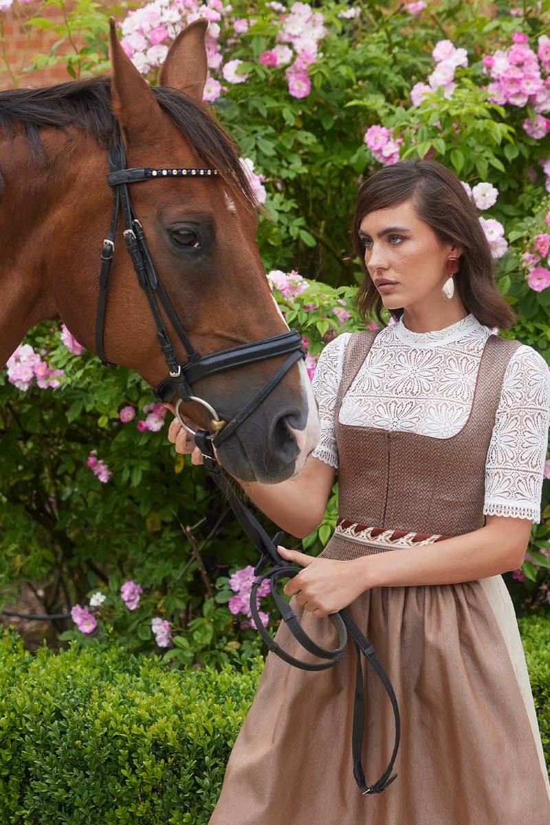 Kruger Midi Dirndl "Irabelle" in brown with traditional-modern design, sweetheart neckline, 60cm skirt, and elegant apron.