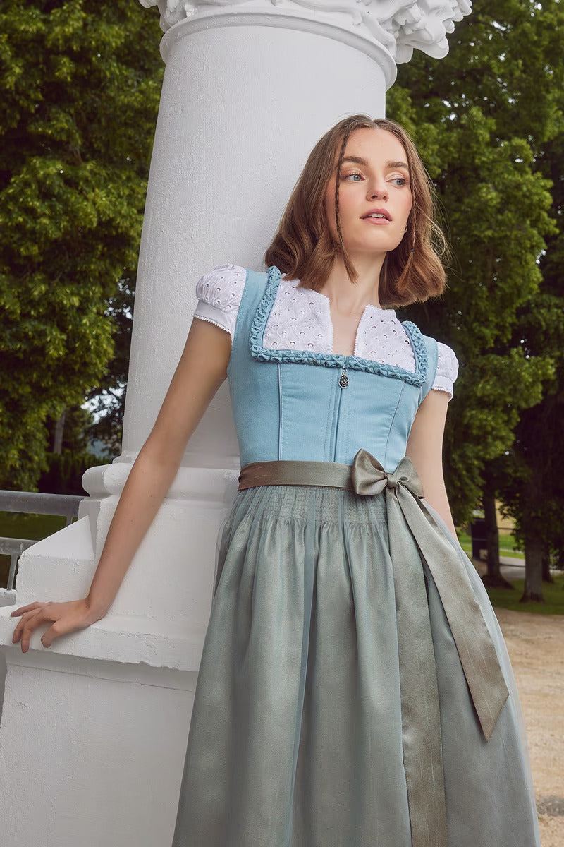 Blue Kruger Mini Dirndl "Emmeline" with sweetheart neckline and apron.
