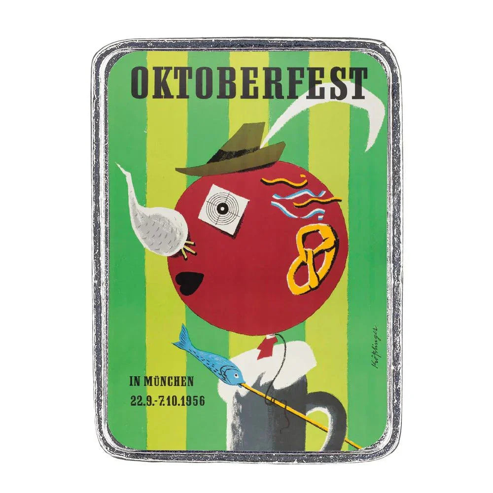Oktoberfest Pin 1956, colorful design, dimensions 37 x 27 mm, tin, nickel-free, in jewelry box, Made in Germany.