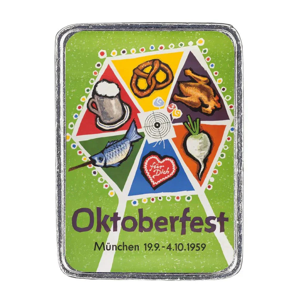 Oktoberfest Pin 1959 featuring traditional Bavarian symbols, measuring 37 x 27 mm with silver tin finish, in a high-quality jewelry box.