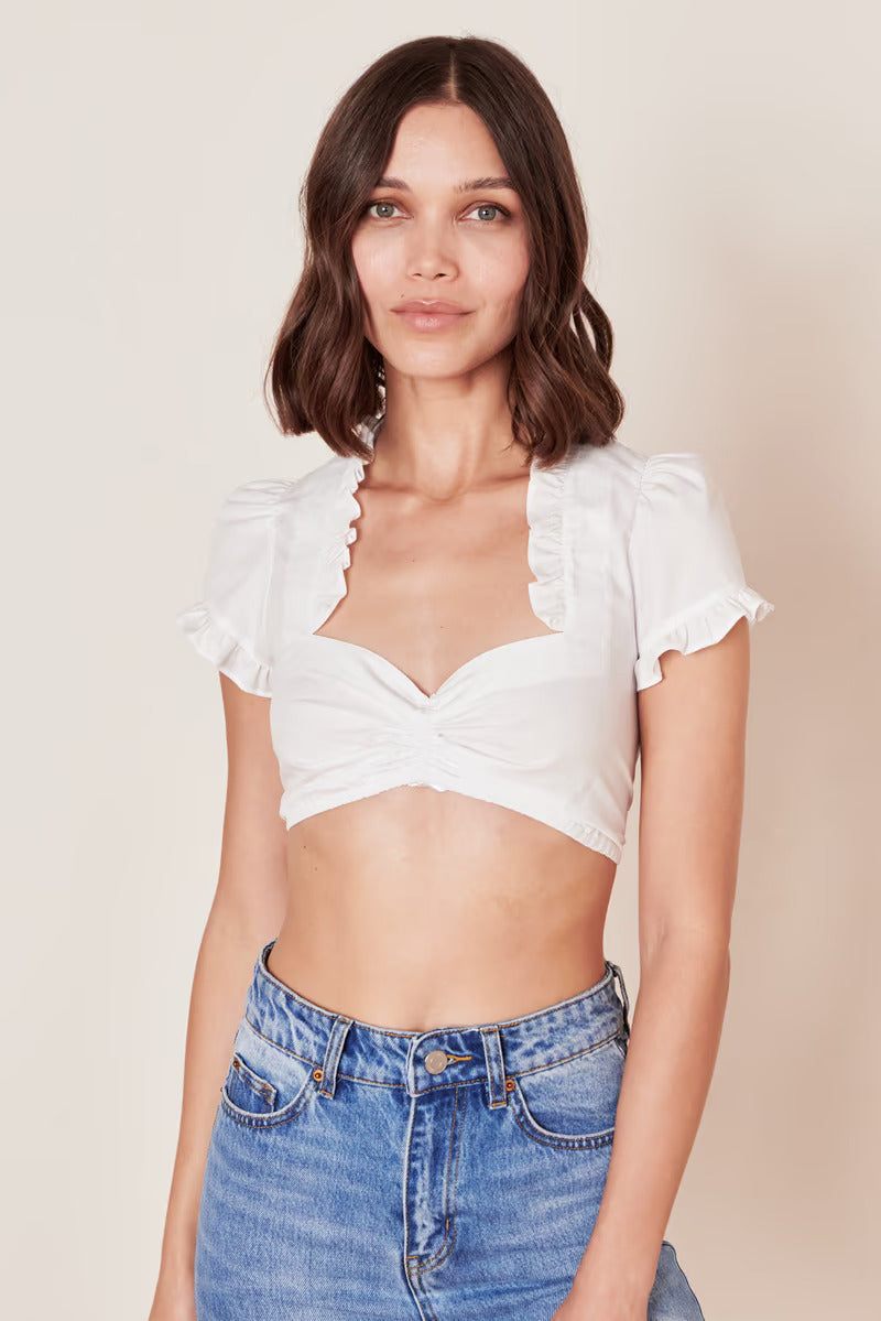 Kruger Dirndl Blouse "Sober" white, short-sleeve, square neckline, ruffled collar.