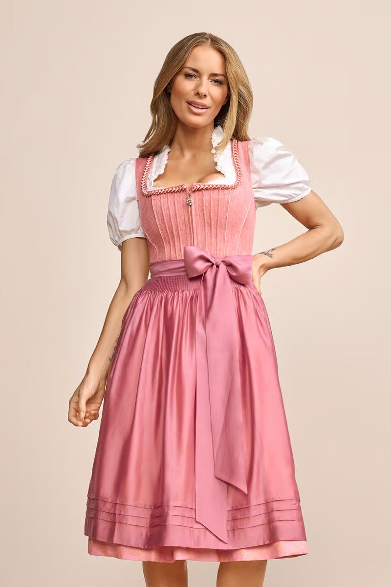 Kruger Long Dirndl "Quinta" pink, elegant design, 70cm skirt, sweetheart neckline, front zip.