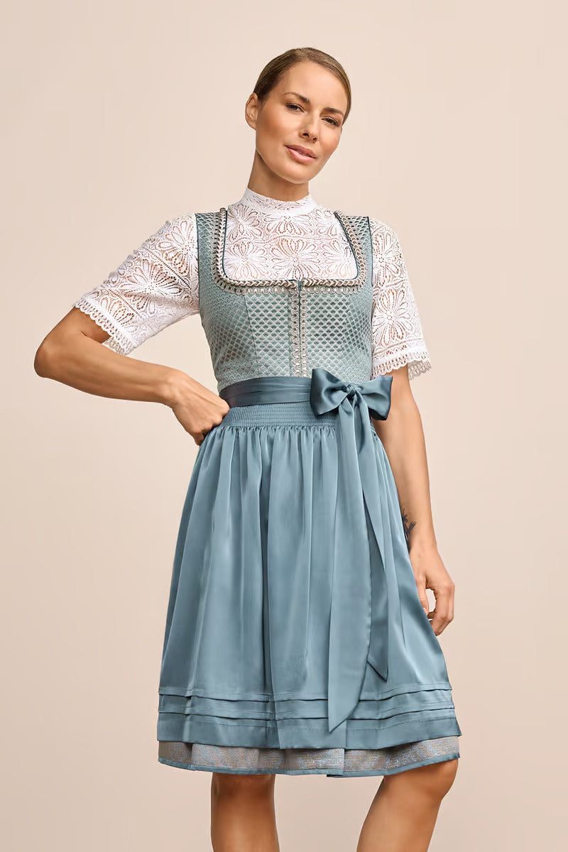 Kruger Midi Dirndl 2pcs Orly turquoise, classic elegance with floral pattern and decorative apron.