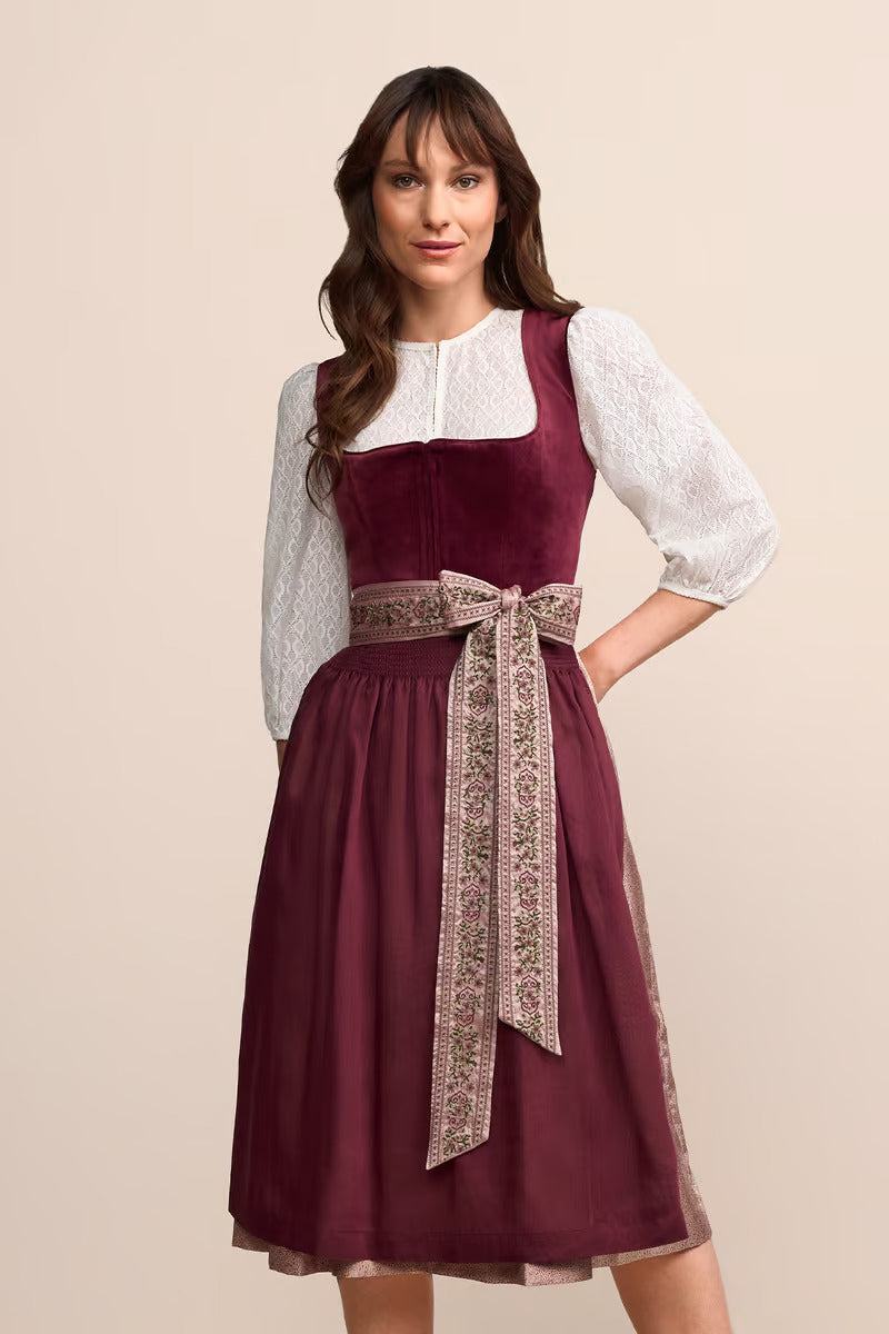 Kruger Long Dirndl 2pcs. 70cm "Elaina" in red with velvet bodice, embroidered apron ribbon, and practical skirt pockets.