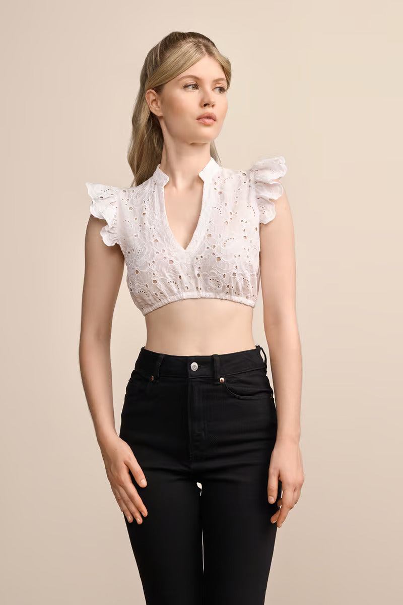 Kruger Dirndl Blouse "Olessa" in ecru with openwork pattern and flounce sleeves.
