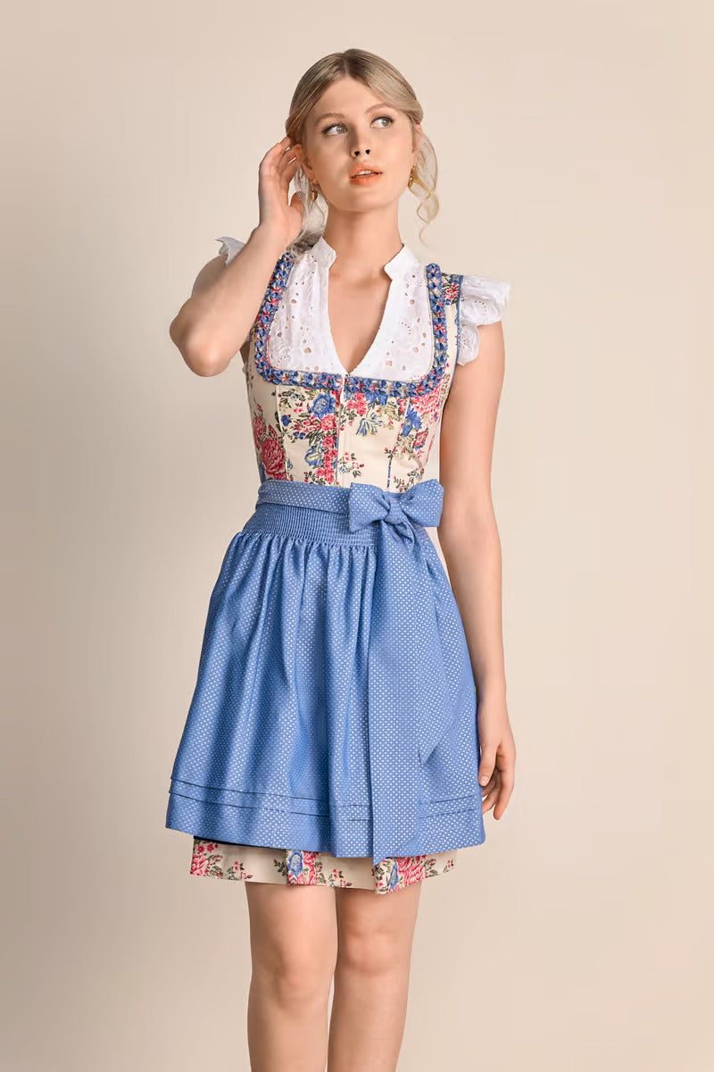 Kruger Mini Dirndl Makena blue with floral pattern, blue apron, knee-length skirt, ideal for Oktoberfest.