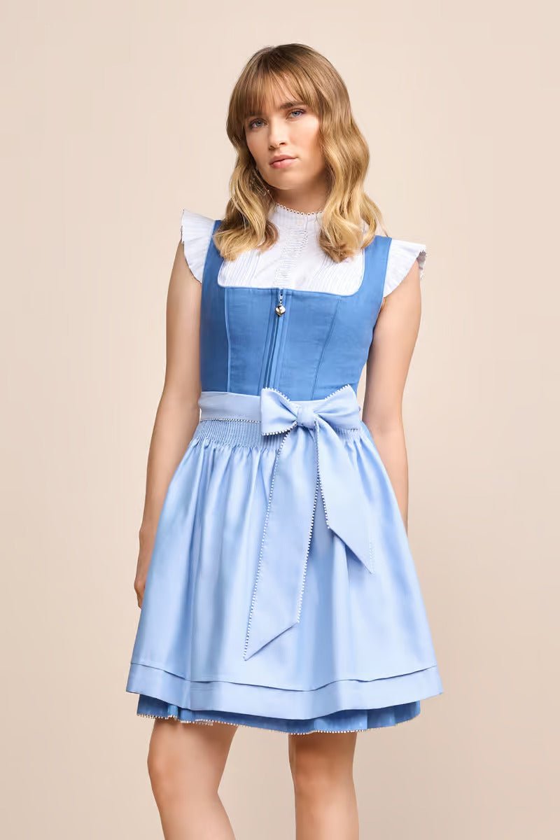 Blue Kruger Mini Dirndl "Dorette" with modern zipper and floral pattern, 50cm skirt, plain apron.