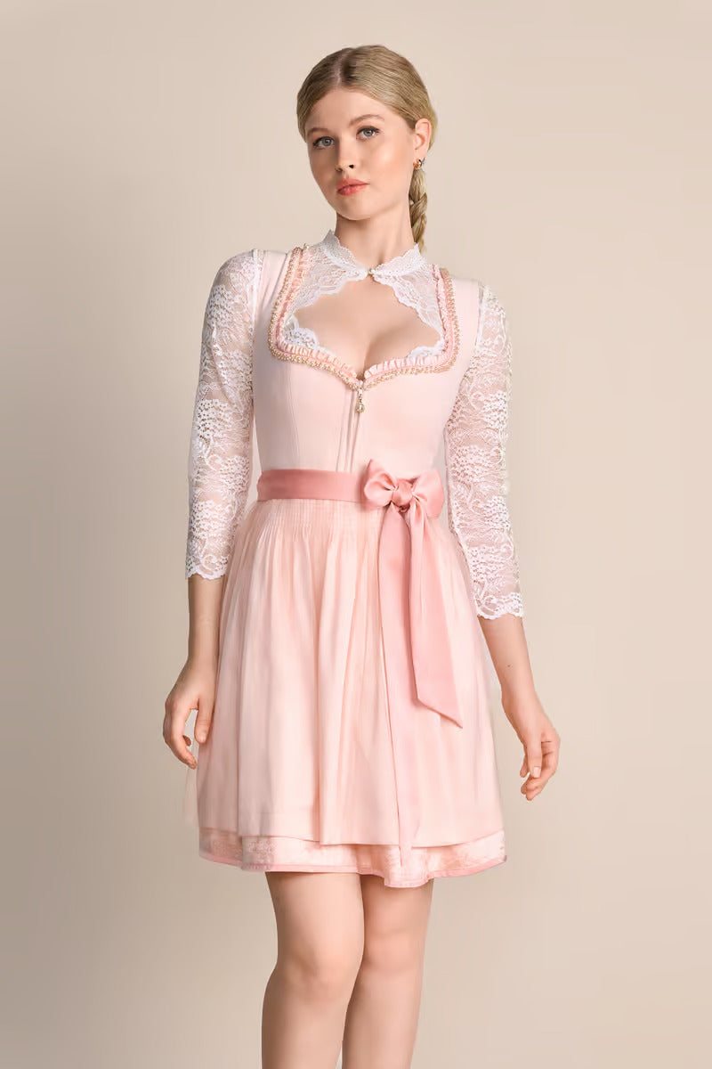 Pink Mini Dirndl Milina by Kruger, features sweetheart neckline, floral shimmering skirt, sleeveless design, plain apron, and pockets, 50 cm length.