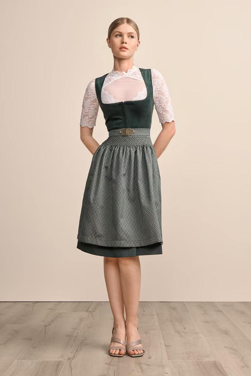 Kruger Midi Dirndl 2pcs Alisha green 60cm with velvet bodice and ornamental apron.