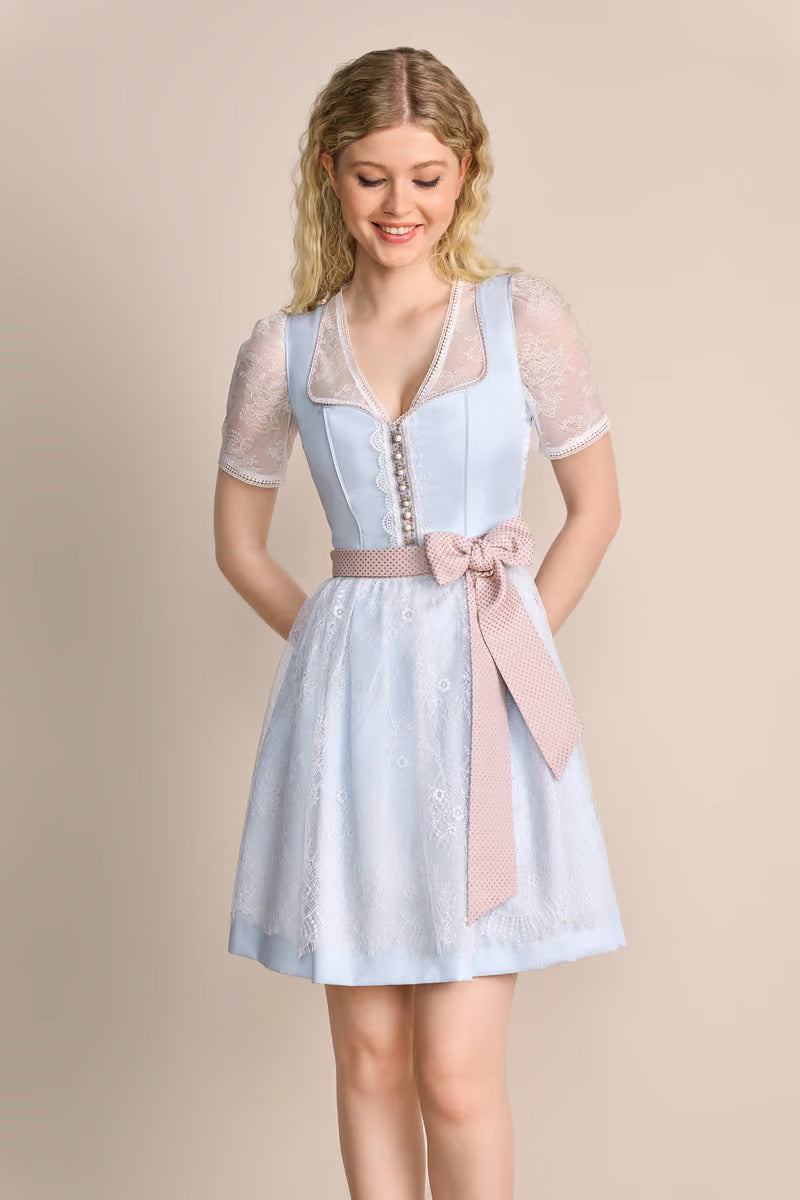 Kruger Mini Dirndl Priscilla in blue with lace apron and pearl details.