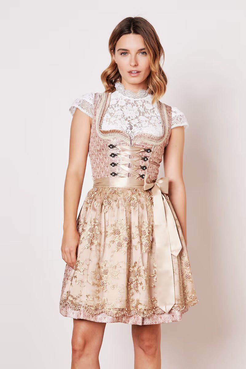 Kruger Mini Dirndl "Elenor" in pink with ornamental pattern and lace apron, 2-piece set.