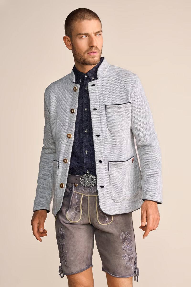 Kruger Traditional Cardigan "Wilke" in gray with stand-up collar and decorative buttons.