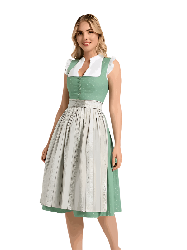 Berwin Long Dirndl "Klara" in green with cotton satin apron and pleated skirt.