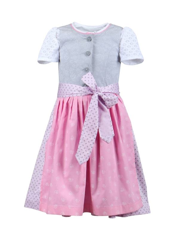 Barwolf Girls Dirndl "Greta" in grey/pink with lace blouse and patterned apron.