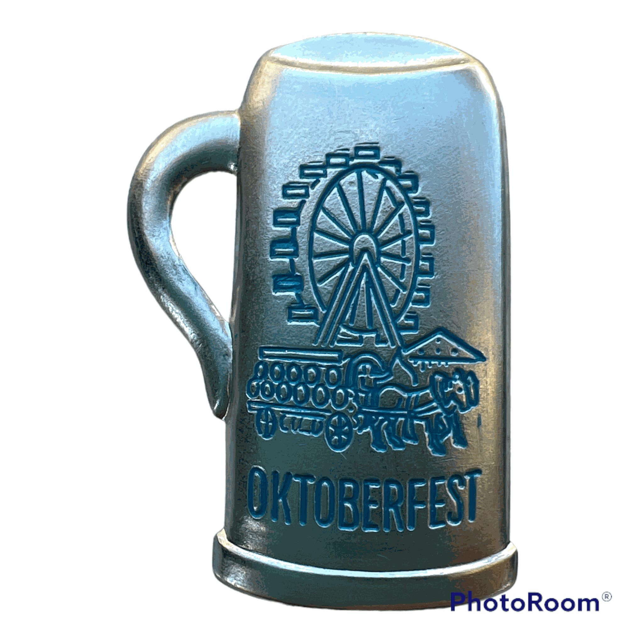 Oktoberfest stein hat pin with Ferris wheel design, tin material, hand-painted old silver color.