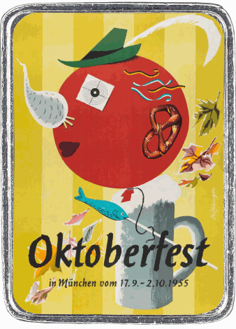 Vintage Oktoberfest pin from 1955, featuring colorful festival imagery, tin material, and packaged in a jewelry box.