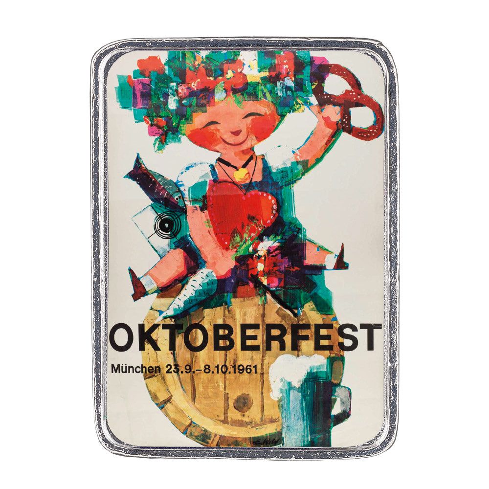 Vintage Oktoberfest Pin 1961 with colorful design and text, measures 37x27mm, made of tin and nickel-free silver, packaged in a jewelry box.