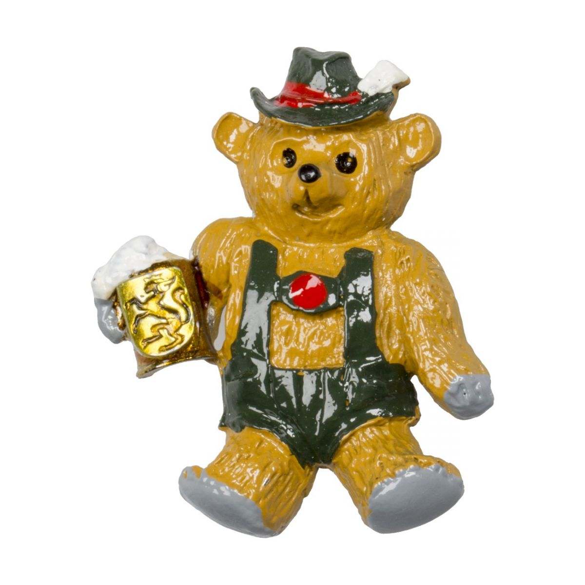 Handmade pewter teddy bear with beer hat pin, silver color, 1.75" x 1.5", made in Germany.