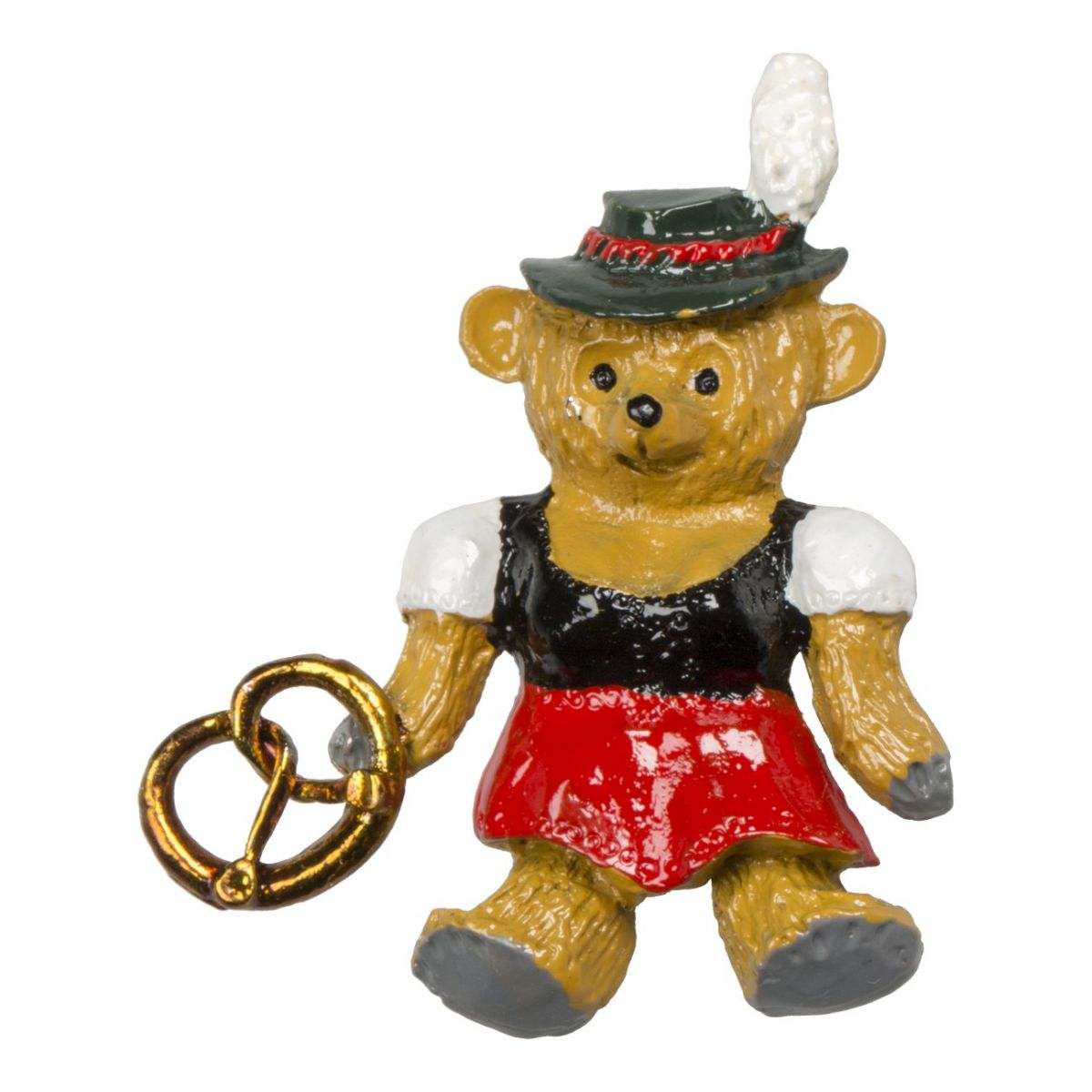 Handmade pewter teddy bear lady brooch with pretzel hat, silver color, made in Germany.