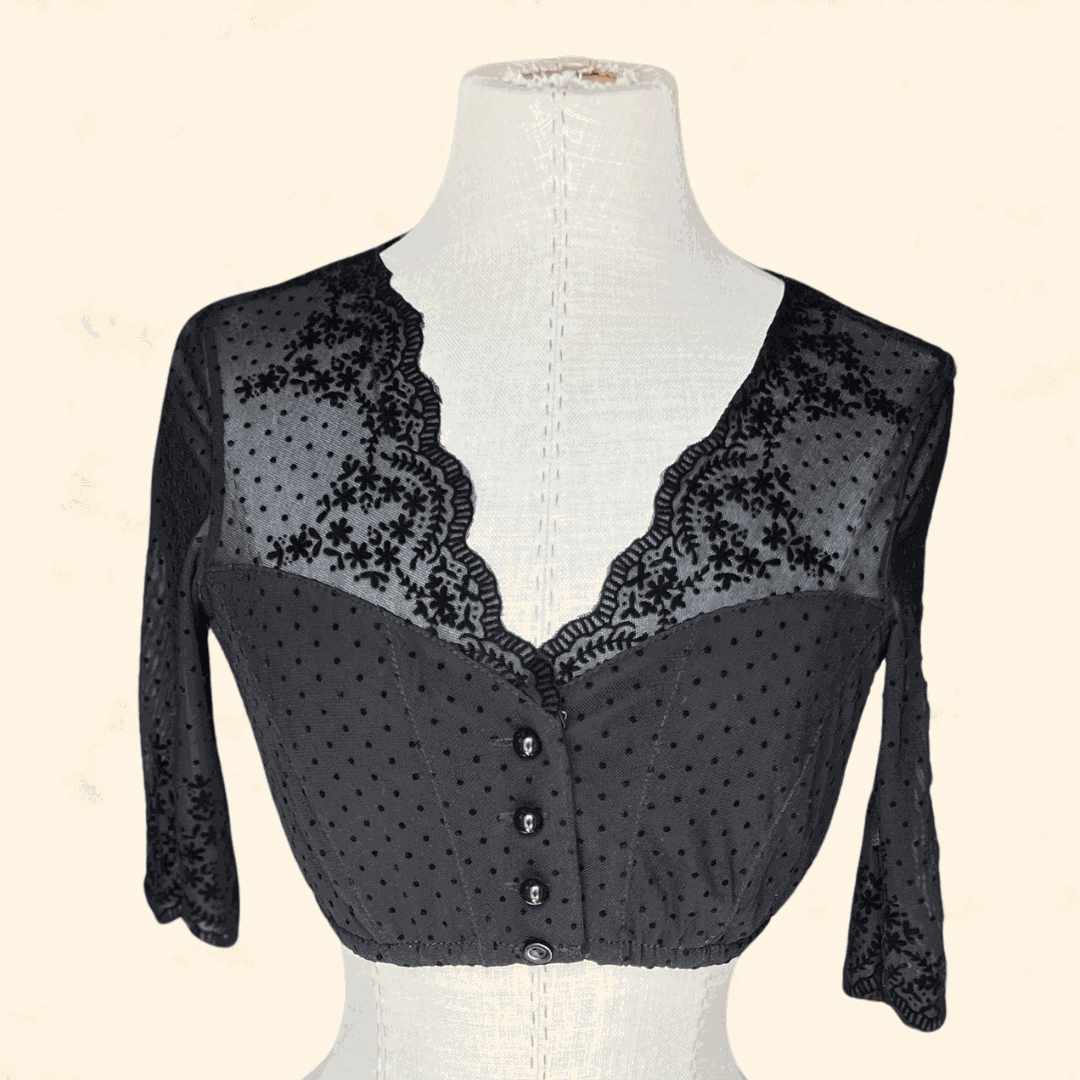 Kruger Collection lace Dirndl blouse in black with buttoned front.