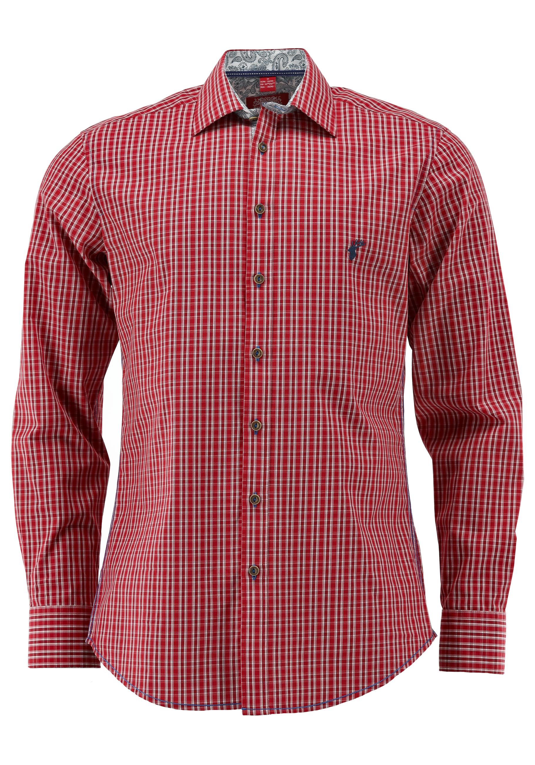 OS Trachten Men's Long Sleeve Slim Fit Shirt "Wald" red