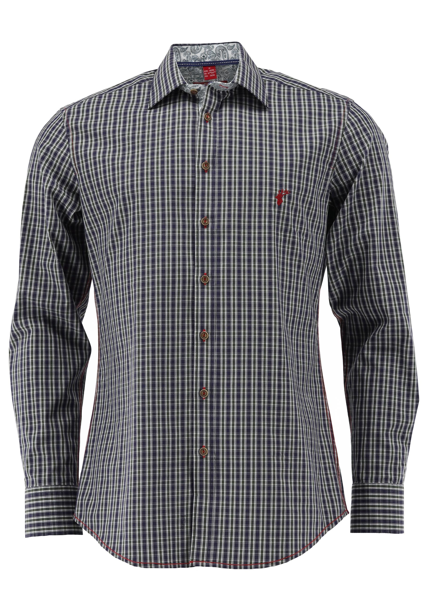 OS Trachten Men's Long Sleeve Slim Fit Shirt "Wald" blue
