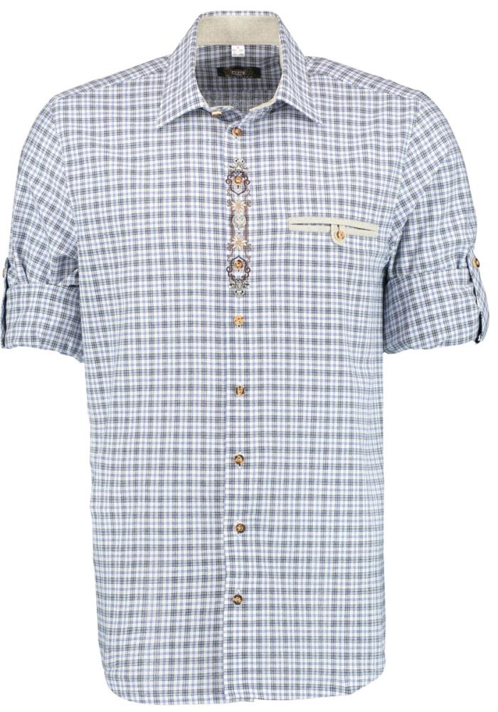 OS Trachten Men's Check Shirt "Jesse" Shark Collar, Blue