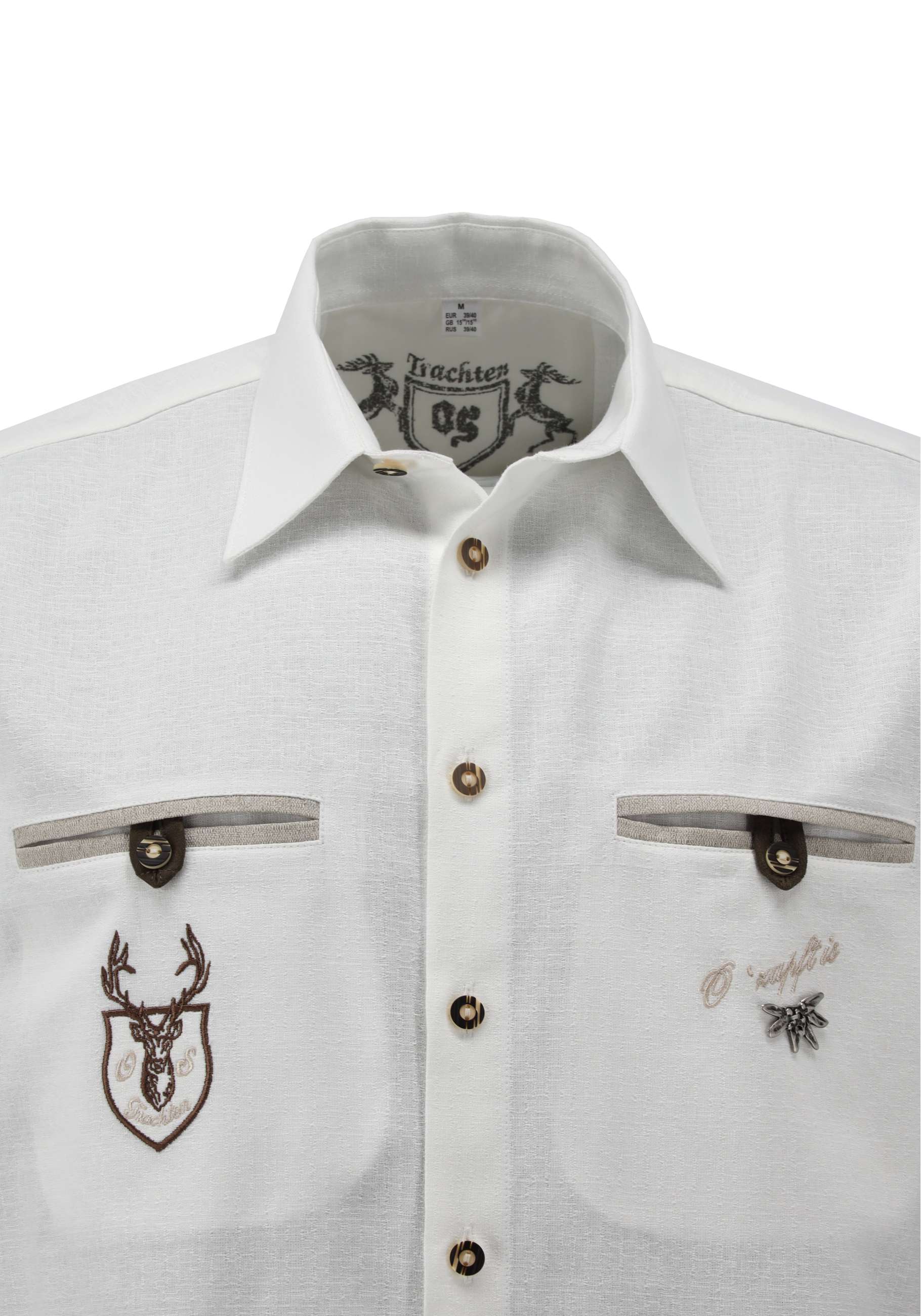 OS Trachten Men's 1/2 Sleeve Regular Fit Shirt "Alpenmark" white