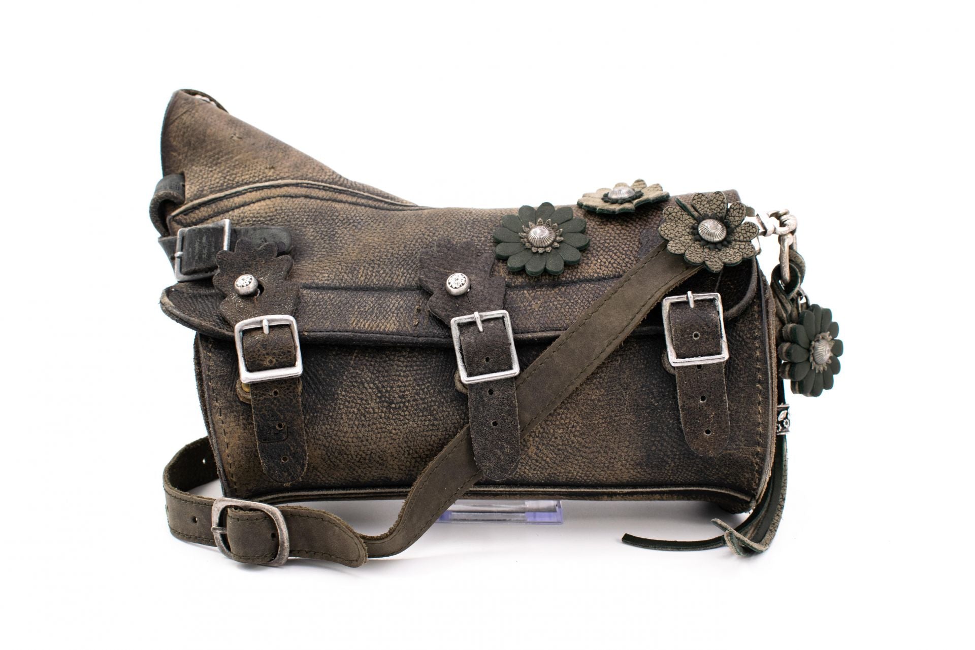 Swiss Army Combat Leather Gaiter Bag with Triple-Buckle Closure & Dimensional Floral Studs