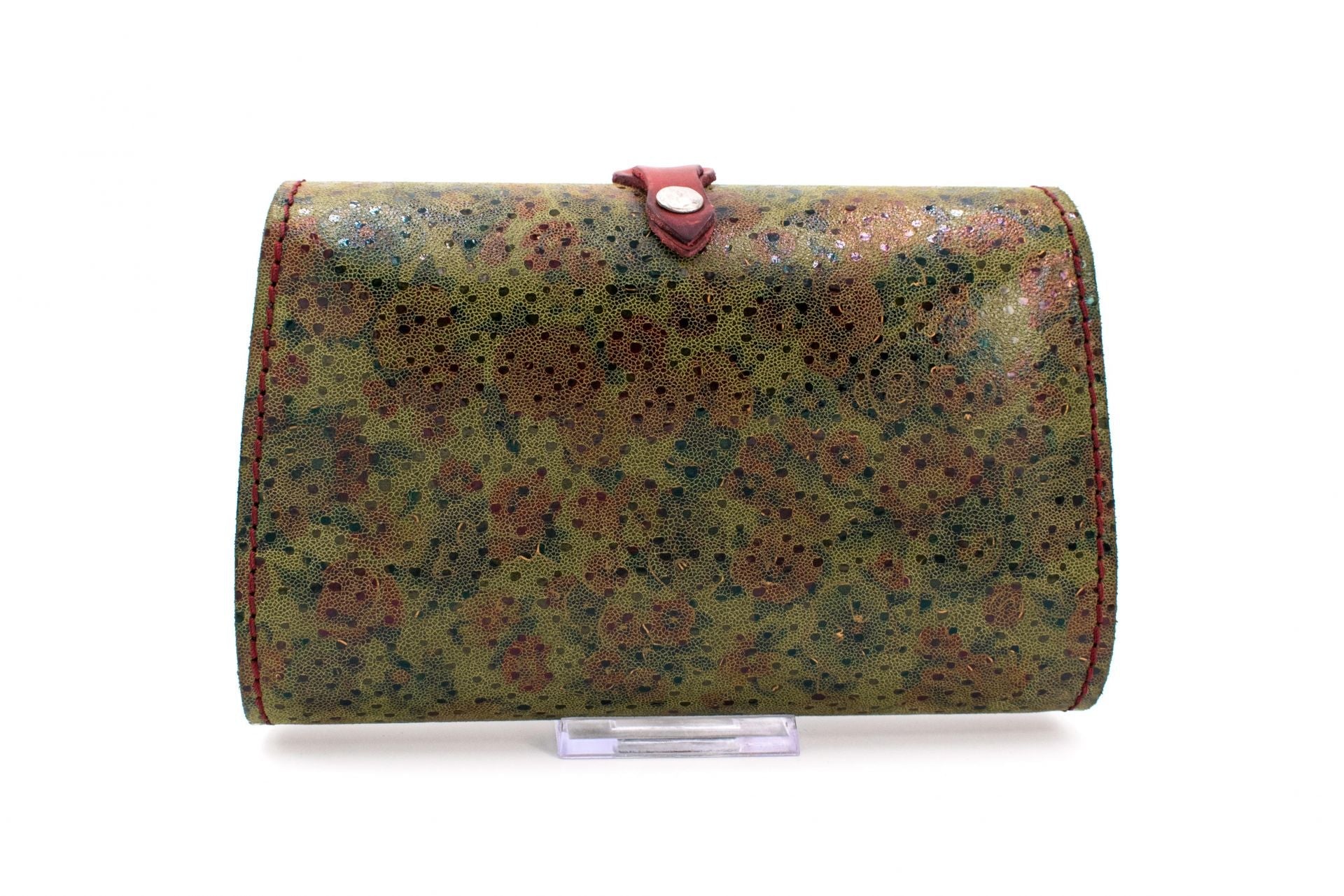 Austrian Red & Green Patterned Tapestry Purse with Braided Leather Accent & Chain Strap