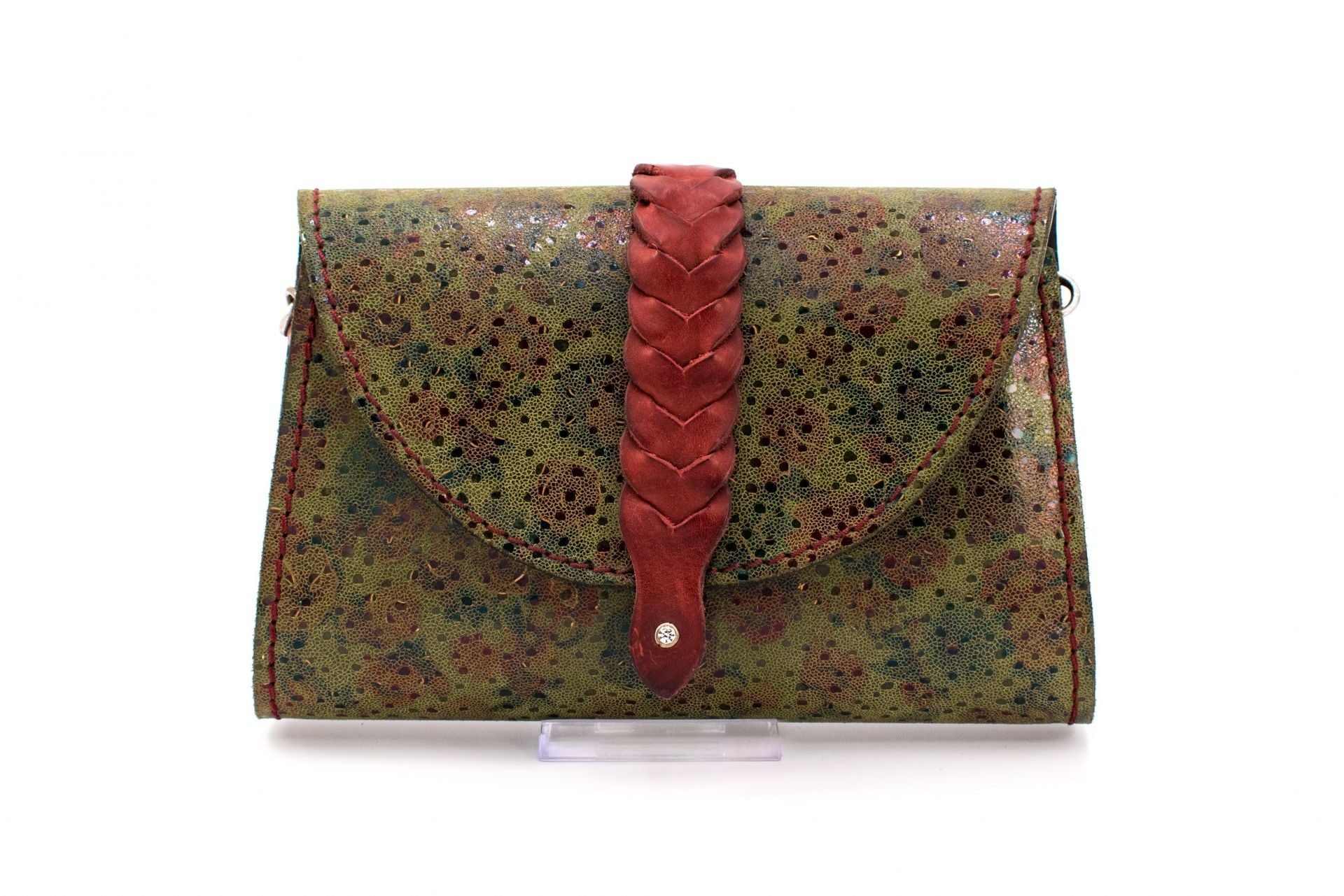 Austrian Red & Green Patterned Tapestry Purse with Braided Leather Accent & Chain Strap