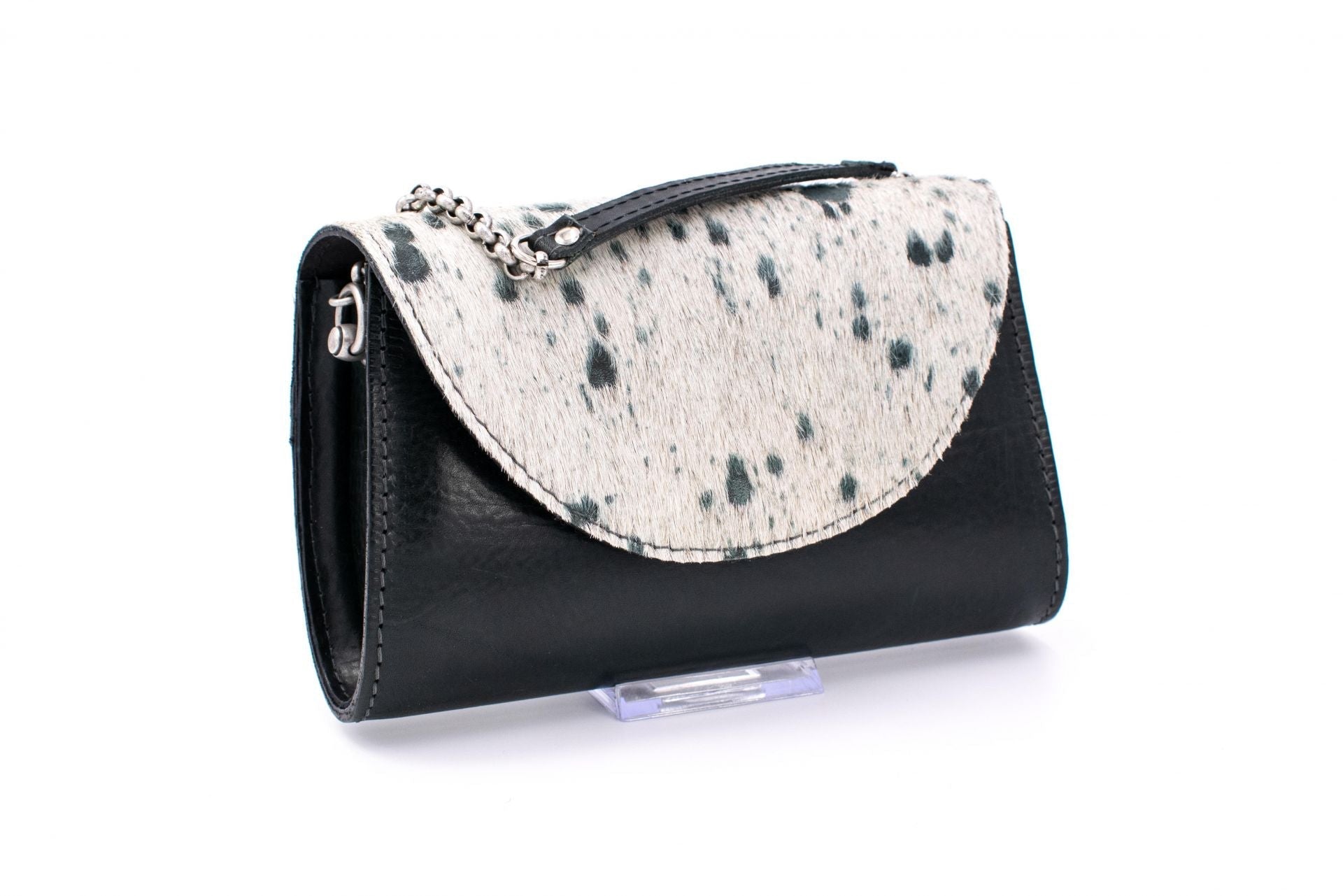 Austrian Petrol Blue Leather Handheld Evening Clutch with Speckled Cowhide Fur