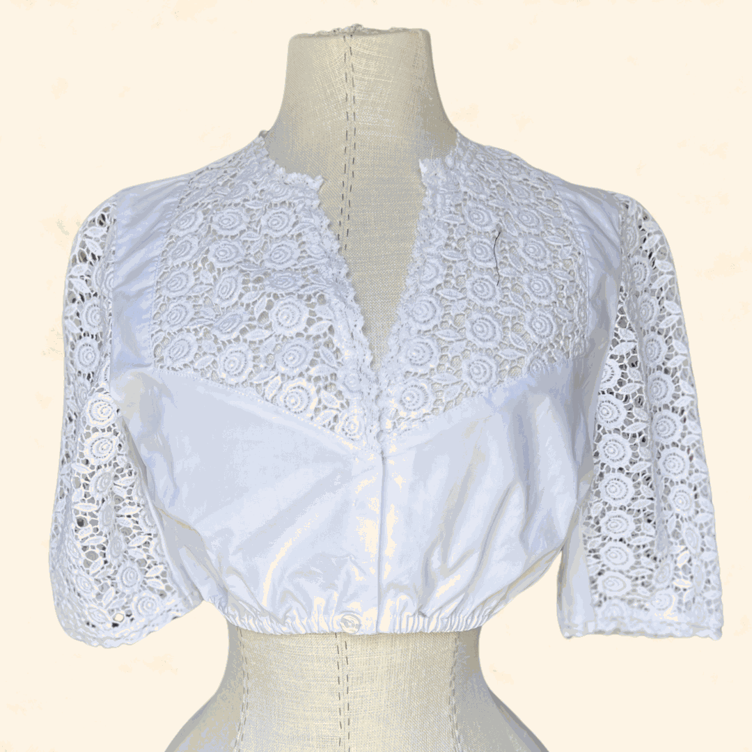 White Kruger Madl Dirndl Blouse, size 36, with lace design.