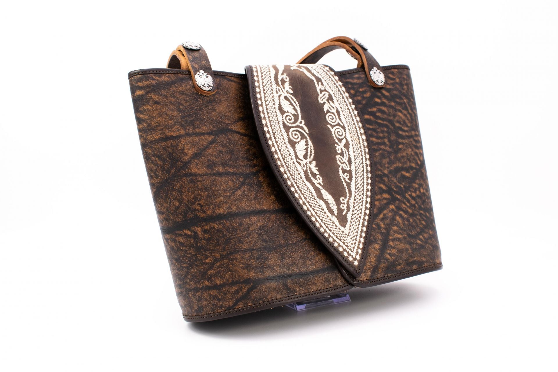 Austrian Structured Leather "Ovoid" Handbag with Classic Traditional Embroidery