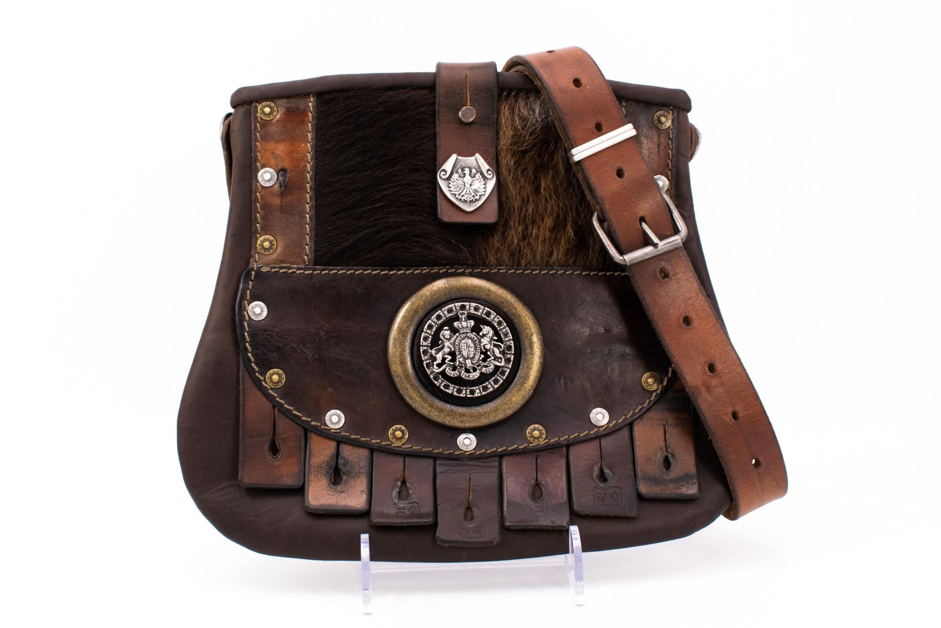 Austrian Leather Kilt Waist Bag with Fur, Heritage Crest & Traditional Tassels
