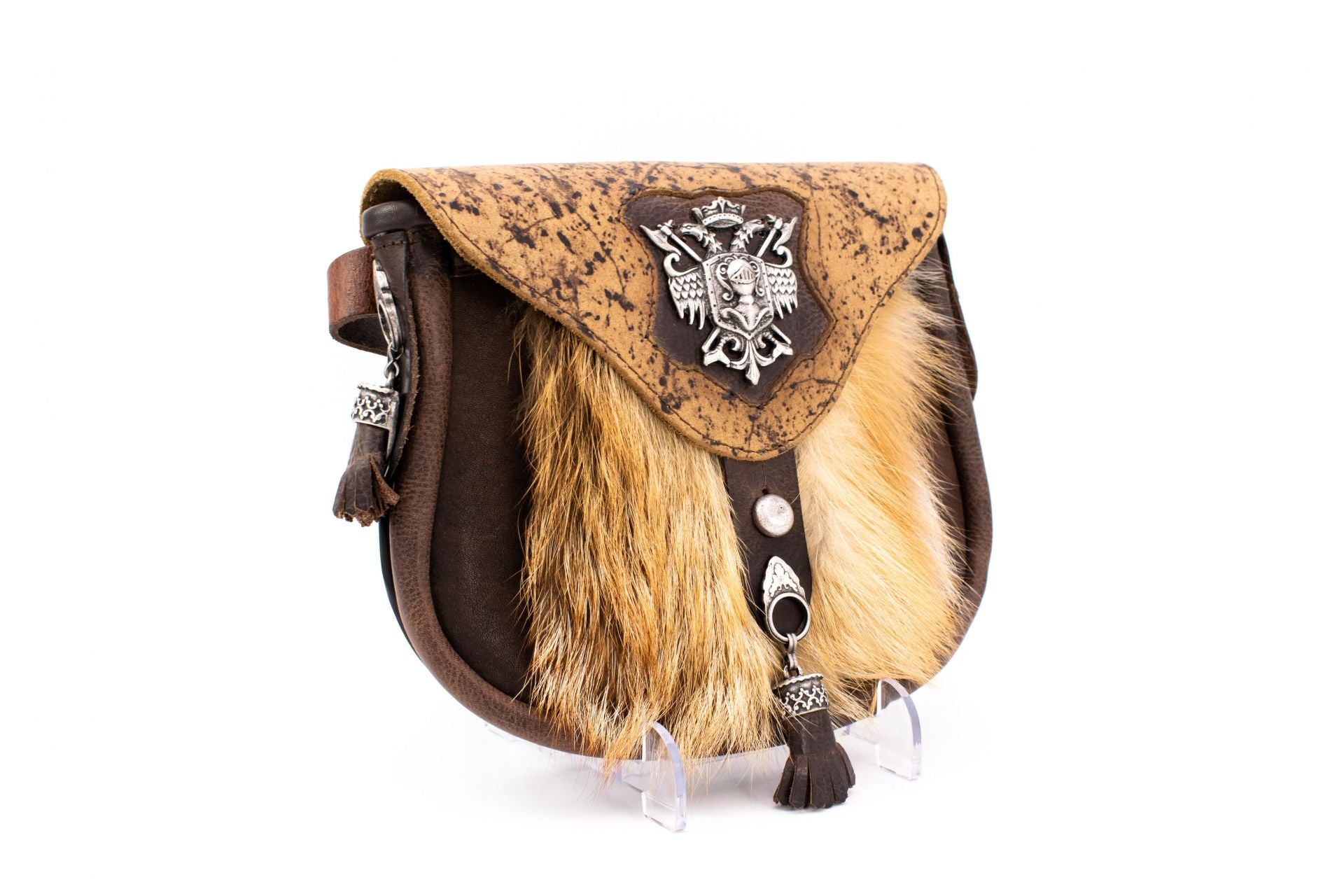 Austrian Structured Leather Handbag with Full Fox Fur & Shield Crest Appliqué