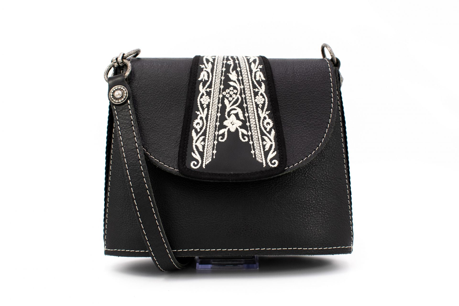 "Opera Binoculars" Black Leather Shoulder Bag with Traditional White Folk Embroidery