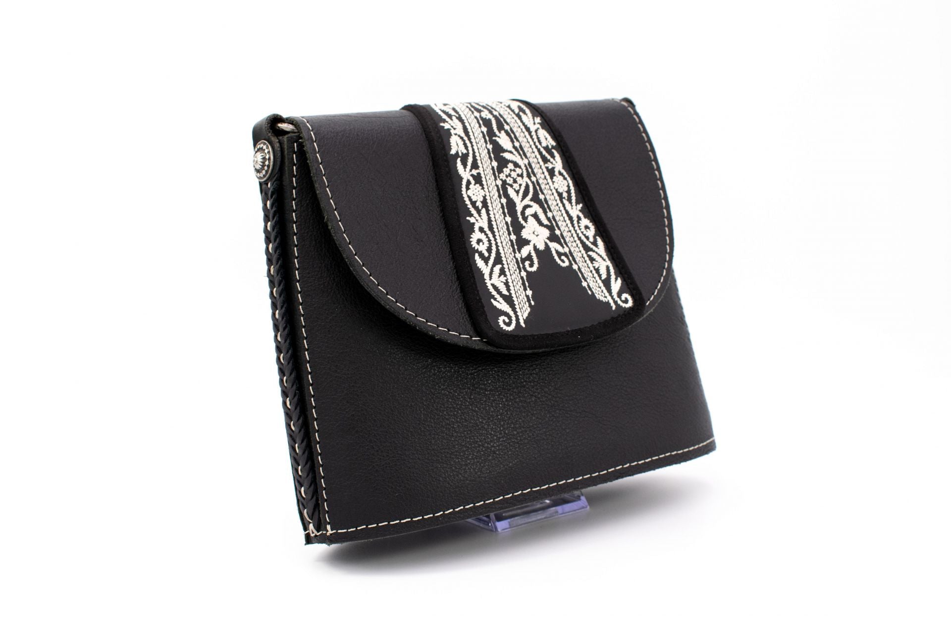 "Opera Binoculars" Black Leather Shoulder Bag with Traditional White Folk Embroidery