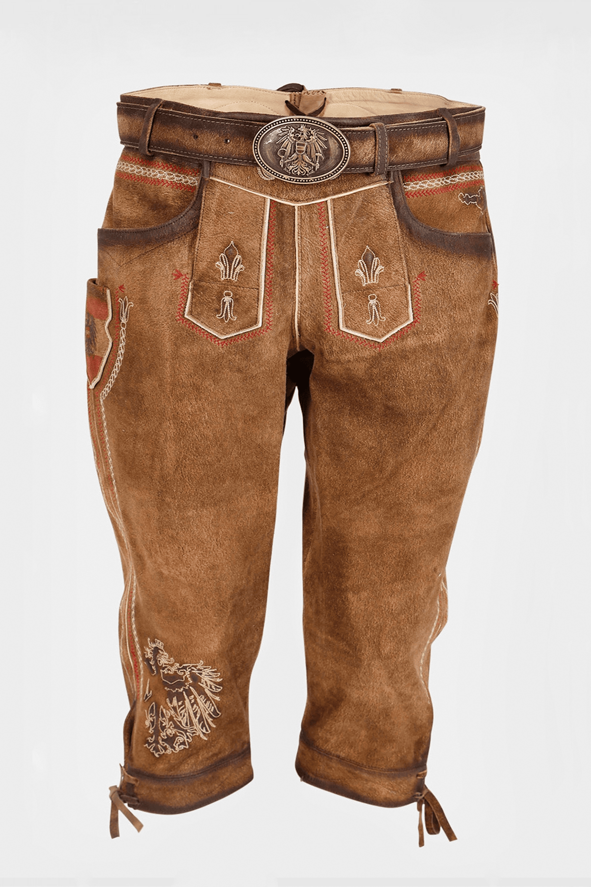 Kruger Men's Lederhosen "Mei Hoamat Kniebund" with Belt - Brown