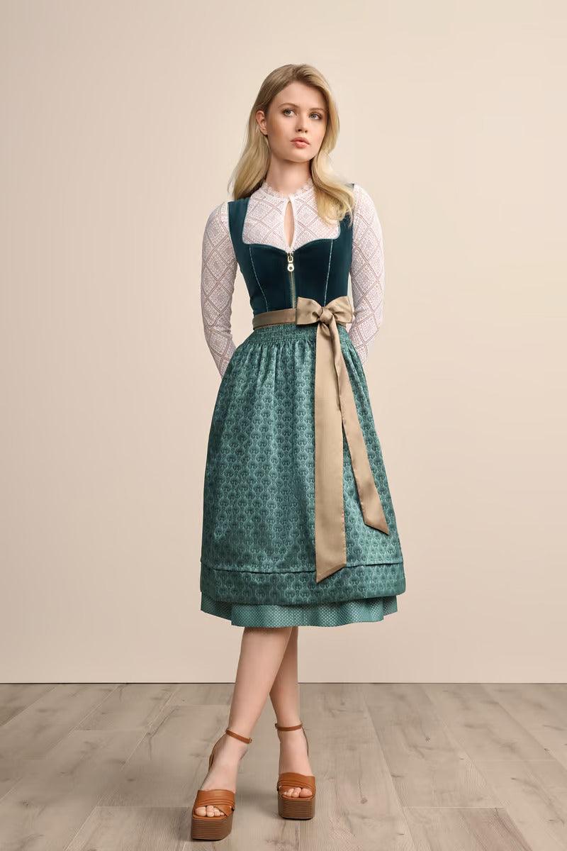 Green Kruger Long Dirndl "Fadia" with ornamental apron, knee-length skirt, and sweetheart neckline.