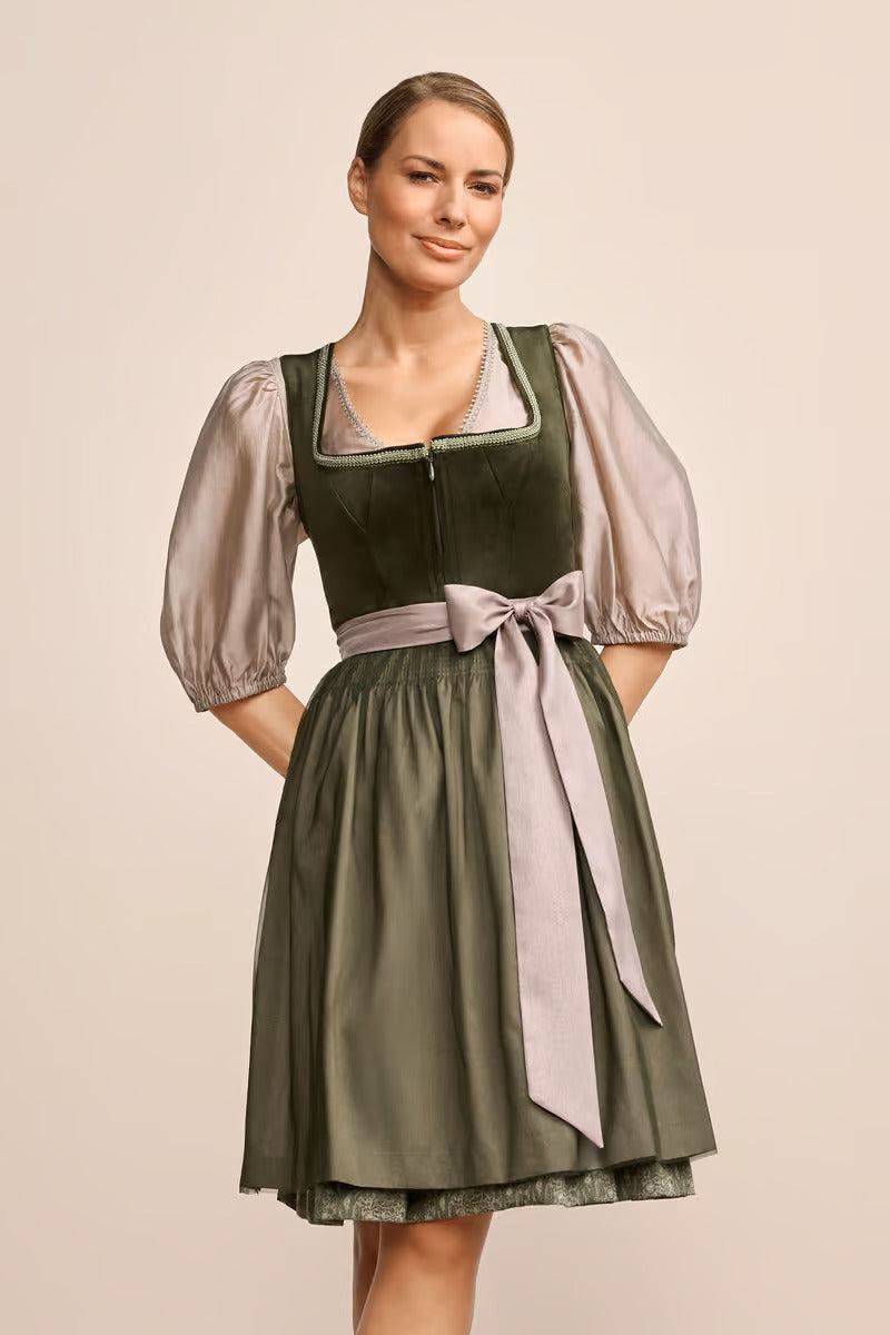 Kruger Midi Dirndl 2pcs. "Farine" in green velvet with ornate skirt and apron, 60cm length.