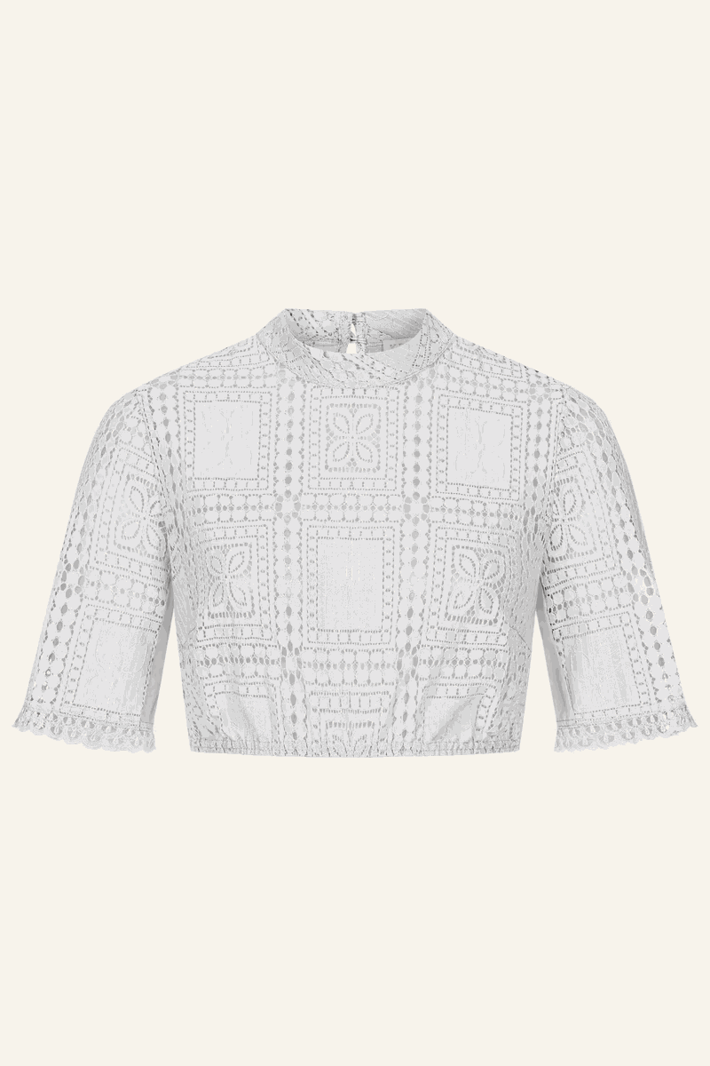 Elegant gray Kruger Dirndl Blouse "Larene" with lace, high-neck collar, and short sleeves.