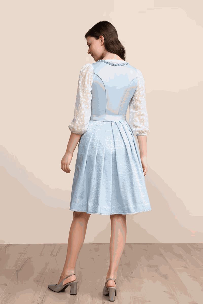 Kruger Midi Dirndl 2pcs. 60cm "Lemonie" green, elegant traditional dress with floral skirt and plain apron.
