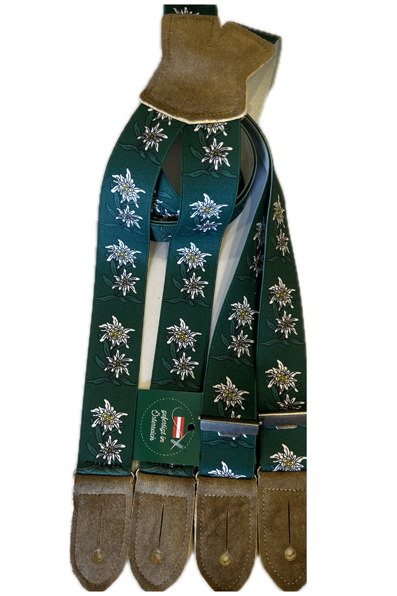Lederhosen Edelweiss Green Suspenders for Buttons 130cm
