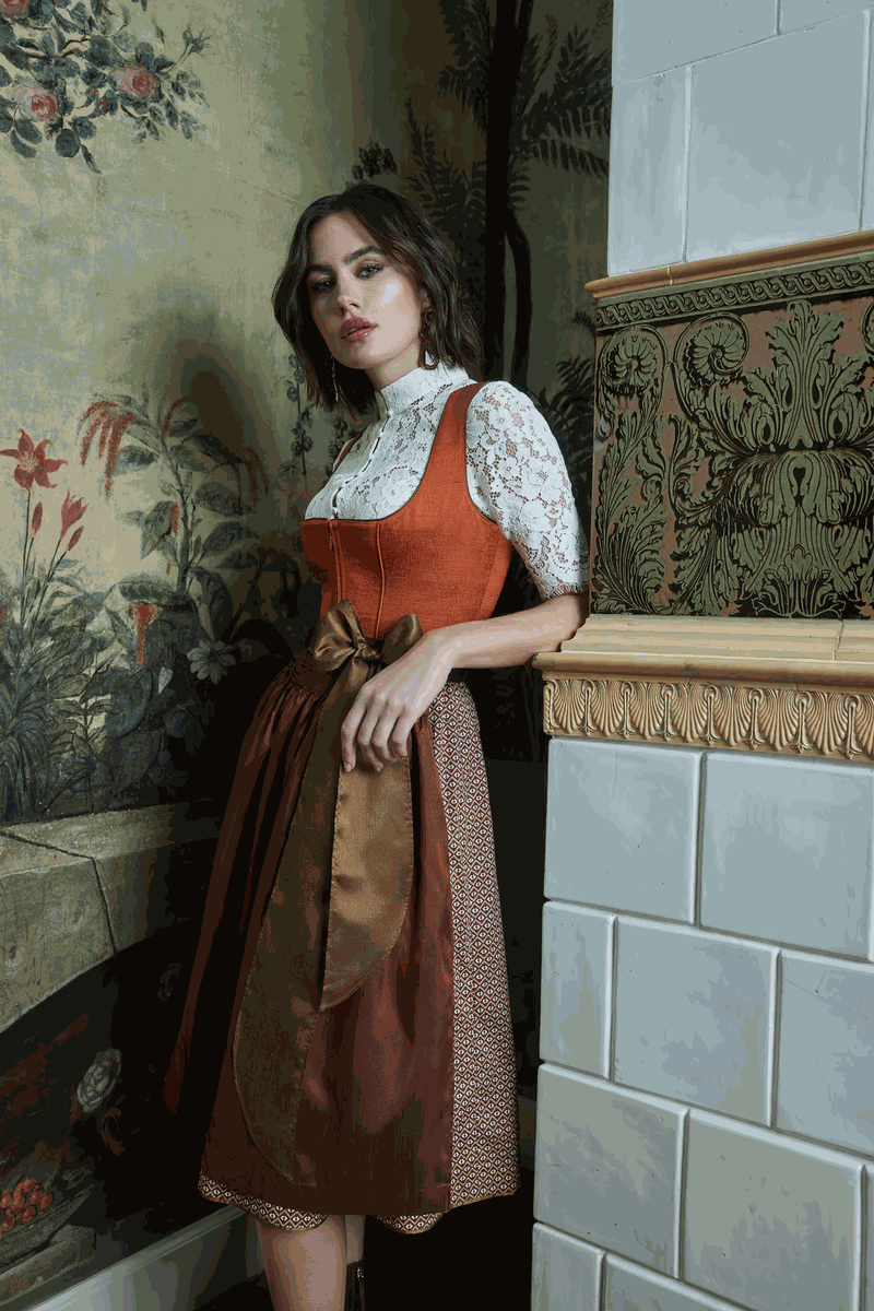 Kruger Long Dirndl "Isa" in orange, elegant design with lace blouse and brown apron, 70cm length.
