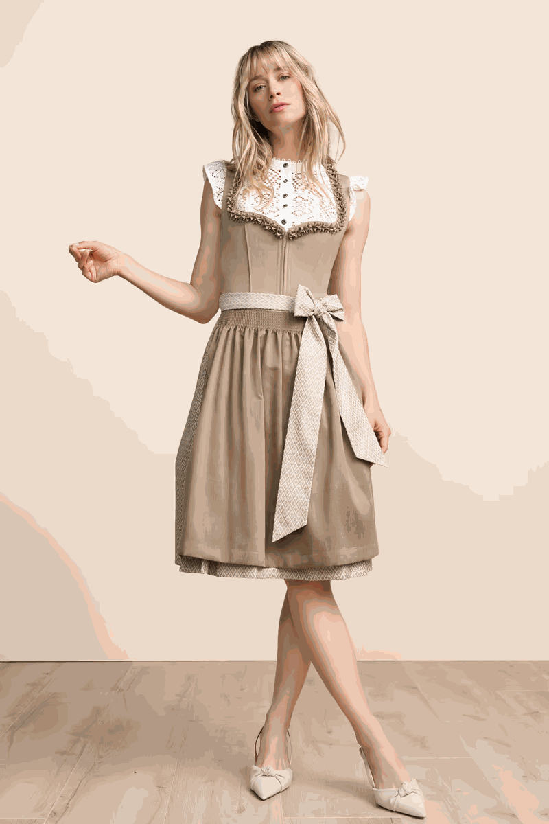 Kruger Midi Dirndl "Anica" 2pcs in beige with delicate floral skirt and plain apron.