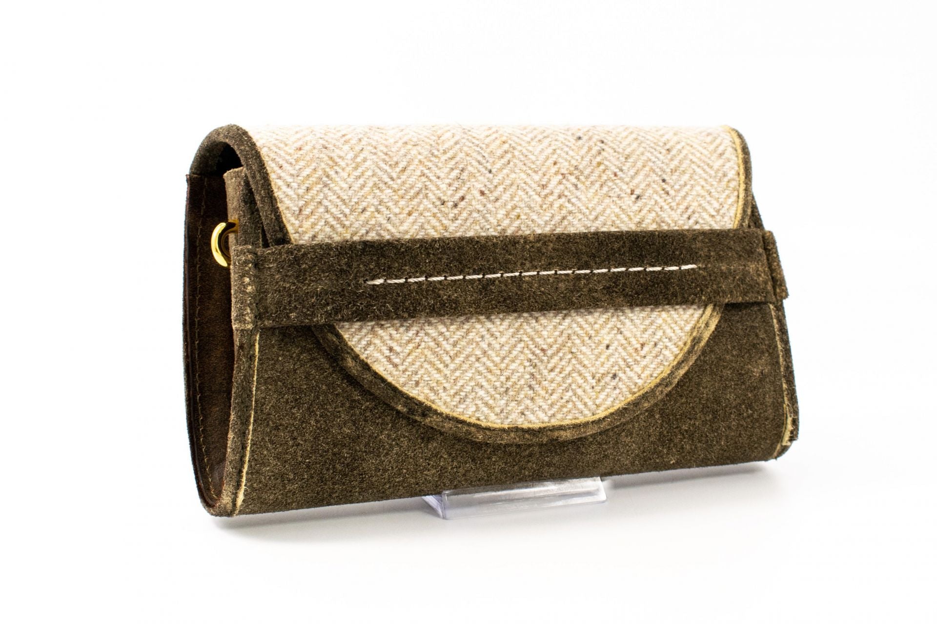 Austrian Olive Deerskin Leather & Woven Tweed Clutch Purse with Gold Chain Strap