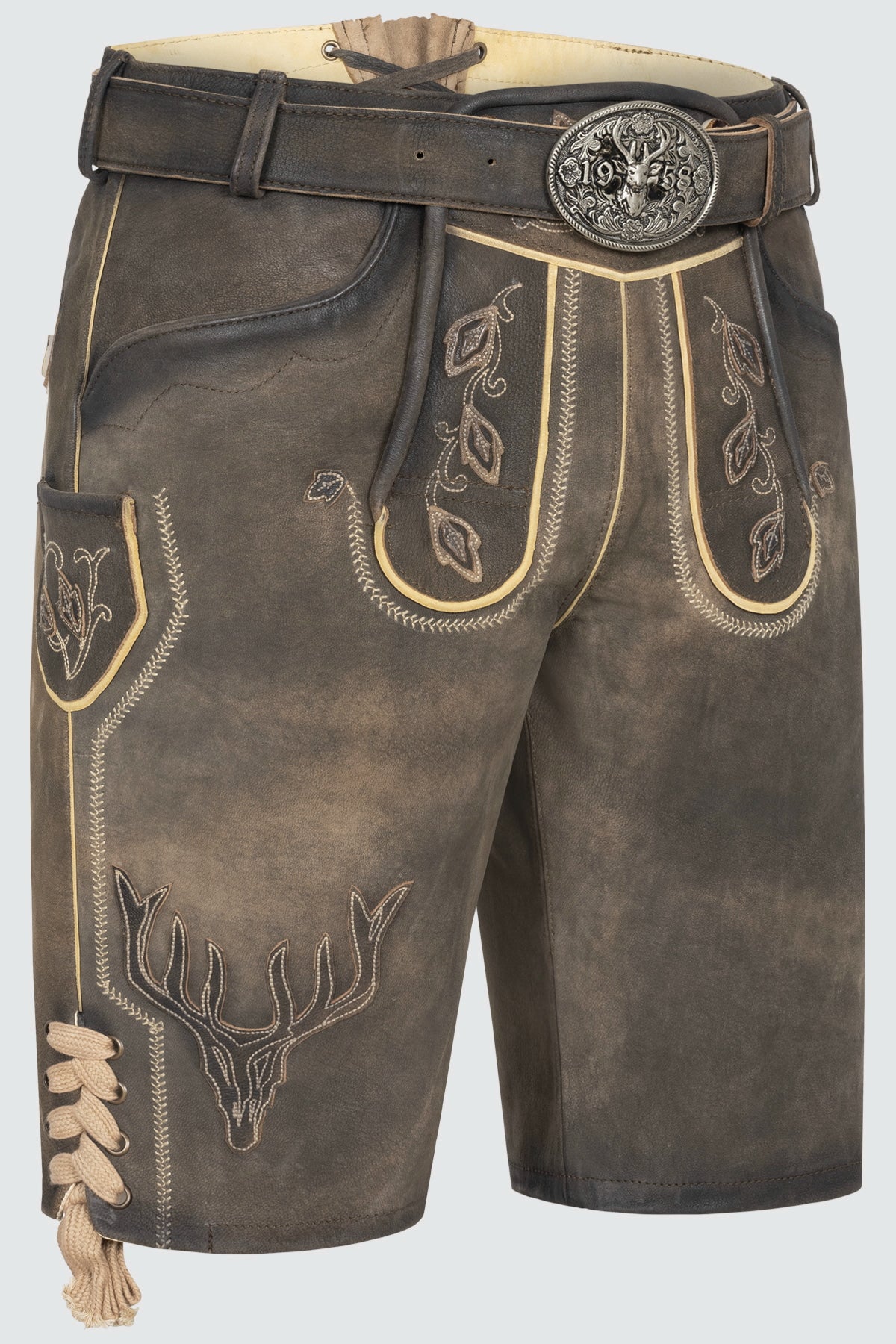 Kruger Men's Lederhosen "Anno 1958" with Belt - Brown