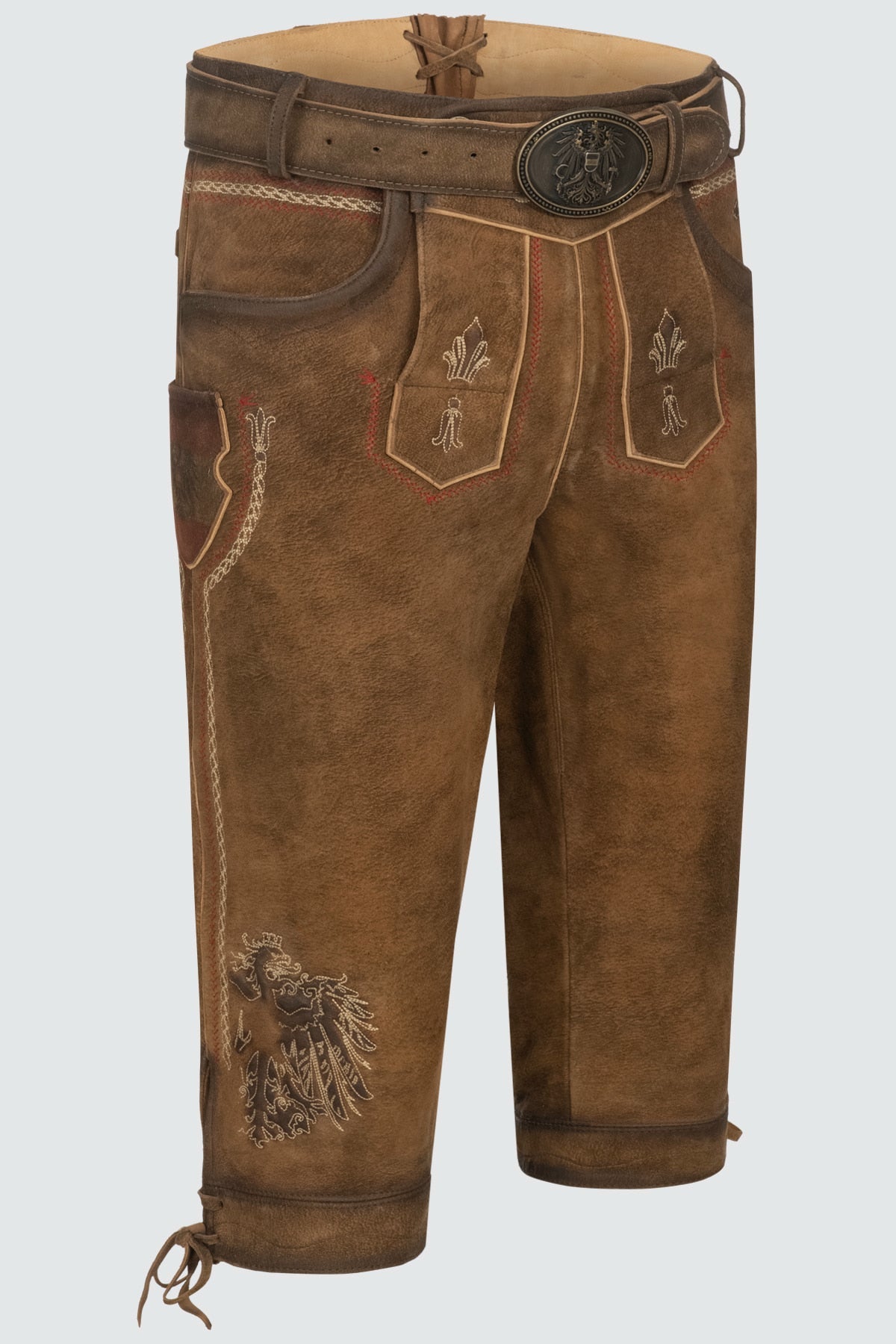 Kruger Men's Lederhosen "Mei Hoamat Kniebund" with Belt - Brown